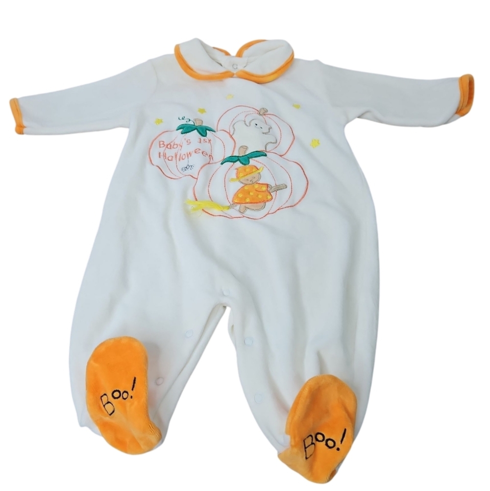 Minibasix Halloween Baby's 1st Halloween  White Velour Pumpkin Boo One Piece 6m